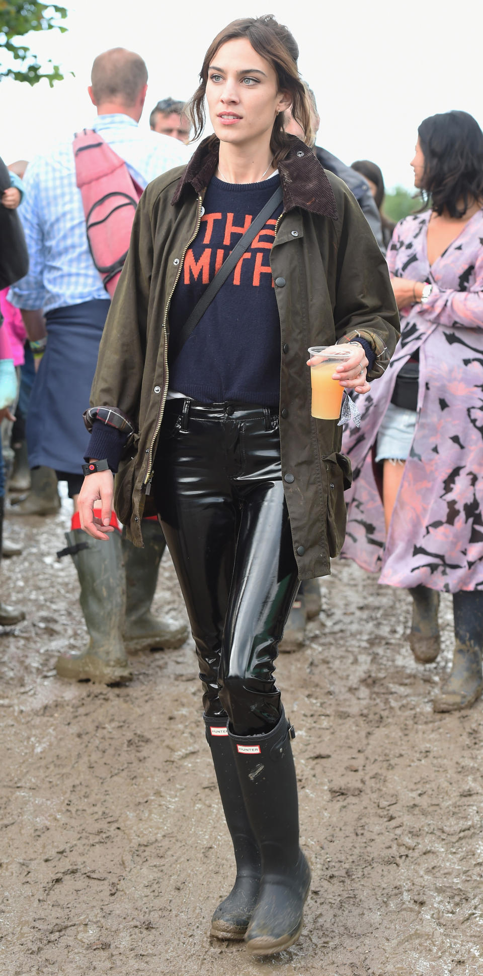 <p>The fashionista attended the Glastonbury Festival in a sensible pair of Hunter rain boots ($150; <a rel="nofollow noopener" href="https://click.linksynergy.com/fs-bin/click?id=93xLBvPhAeE&subid=0&offerid=390098.1&type=10&tmpid=8158&RD_PARM1=http%253A%252F%252Fshop.nordstrom.com%252Fs%252Fhunter-original-tall-rain-boot-women%252F4550529&u1=ISAlexaChung3.22JA" target="_blank" data-ylk="slk:nordstrom.com;elm:context_link;itc:0;sec:content-canvas" class="link ">nordstrom.com</a>), worn with trendy leather pants, a graphic sweater, and an olive green anorak. </p>