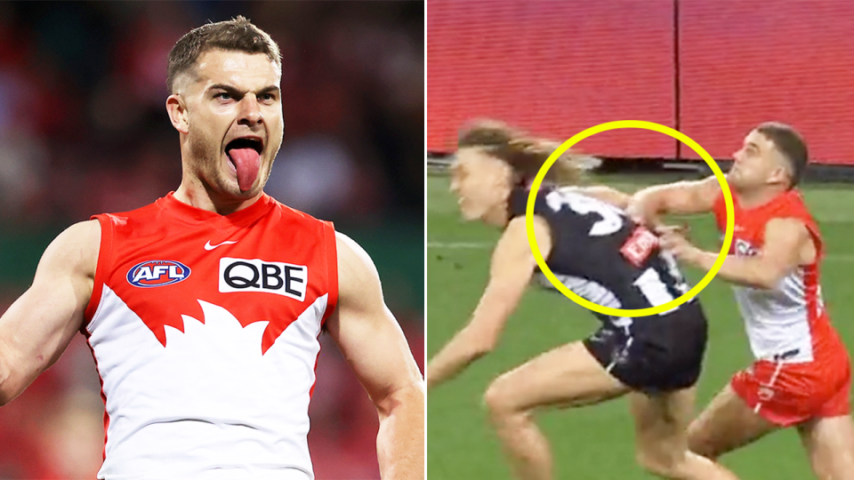 Tom Papley (pictured left) celebrates a goal in the AFL and (pictured right) Papley contesting the ball against Darcy Moore.