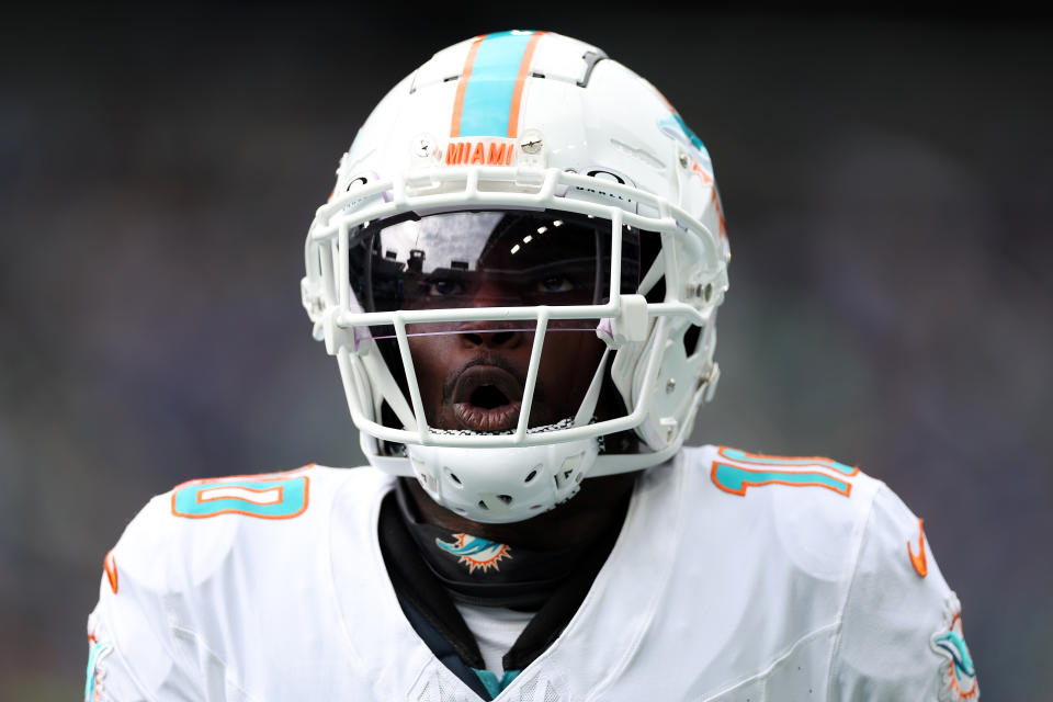 SEATTLE, WASHINGTON - SEPTEMBER 22: Tyreek Hill #10 of the Miami Dolphins looks on during the second quarter against the Seattle Seahawks at Lumen Field on September 22, 2024 in Seattle, Washington. (Photo by Steph Chambers/Getty Images)