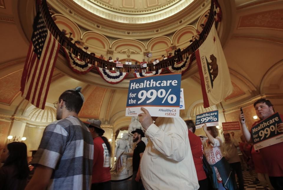 Members of the California Nurses Association and supporters rally at the Capitol calling for a single-payer health plan, Wednesday, June 28, 2017, in Sacramento, Calif. The demonstrators were demanding that Assembly Speaker Anthony Rendon, D-Paramount, bring a health care bill, SB 562, by state Senators Ricardo Lara, D-Bell Garden, and Toni Atkins, D-San Diego, to a vote in the Assembly. (Photo: Rich Pedroncelli/AP)