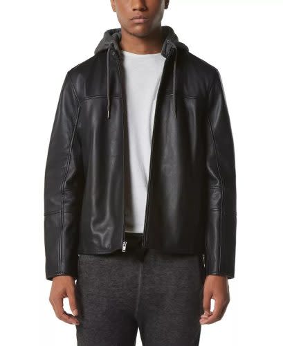 black leather zip front jacket with fabric hood