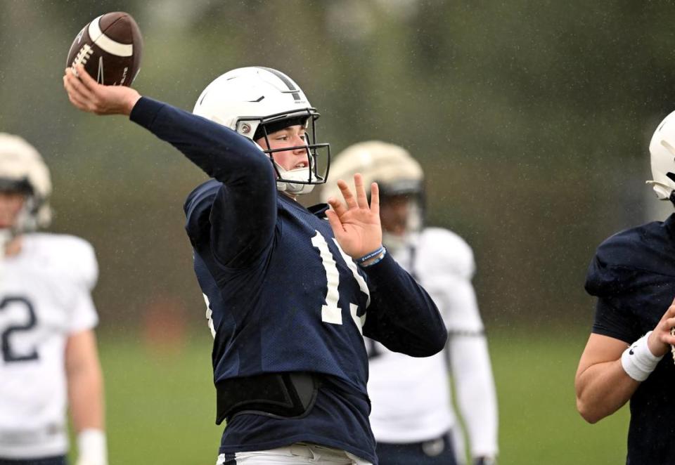 Penn State quarterback Drew Allar makes a pass during practice for the Rose Bowl on Friday, Dec. 30, 2022 at Dignity Health Sports Park.