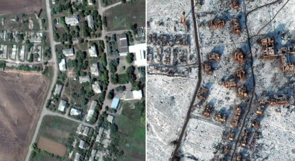 俄羅斯連日襲擊烏克蘭東部巴赫穆特附近城鎮索列達爾，圖為2022 年 8 月(左)和 2023 年 1 月(右)的對比。   圖: 翻攝自 @OlenaHalushka 推特