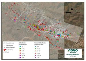 Map of historical and Novo significant intercepts at Parnell and Vulture prospect to date.