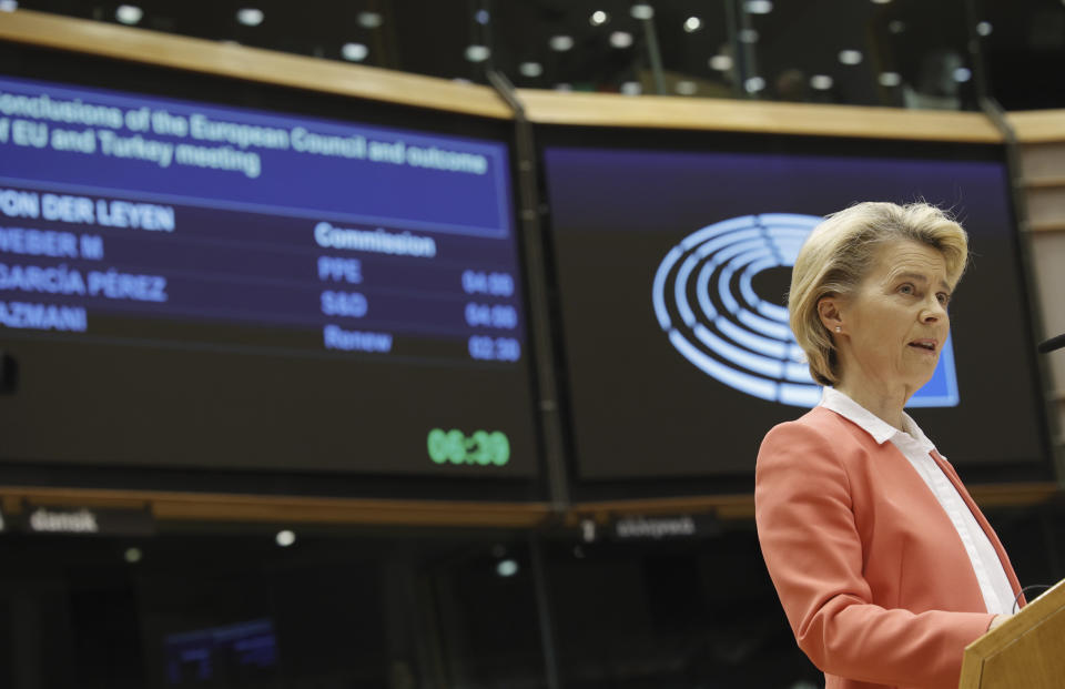 European Commission President Ursula von der Leyen speaks during a debate in the plenary at the European Parliament in Brussels, Monday, April 26, 2021. European Council President Charles Michel and European Commission President Ursula von der Leyen were reporting back to the parliament on Monday regarding their meeting with President Recep Tayyip Erdogan earlier this month aimed at improving strained EU-Turkey relations. (AP Photo/Olivier Matthys, Pool)