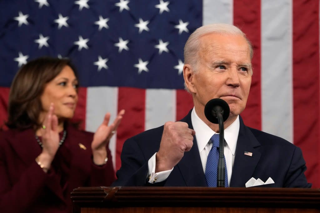 President Joe Biden delivers the 2023 State of the Union address with Vice President Kamala Harris behind him. (Photo by Jacquelyn Martin-Pool/Getty Images)