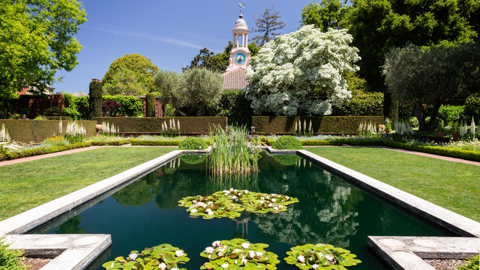 San Carlos, California, USA - May 05, 2019: A pond in Filoli estate garden on sunny day with blue sky - Image.