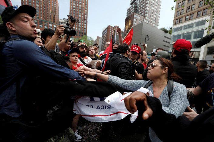 <p>Demonstrators clash with people opposing their rally during a May Day protest in Union Square in New York, May 1, 2017. (Mike Segar/Reuters) </p>