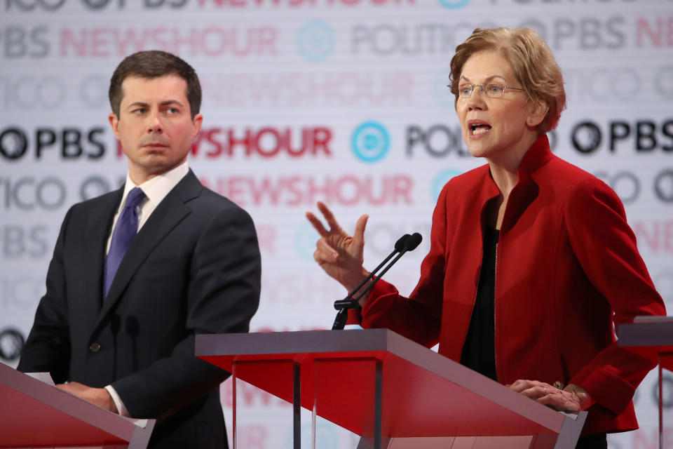 Sen. Elizabeth Warren (D-Mass.) took on South Bend, Indiana, Mayor Pete Buttigieg during the presidential debate for his reliance on big donors. (Photo: Justin Sullivan/Getty Images)