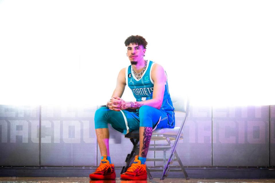 Charlotte Hornets guard LaMelo Ball poses for a portrait during media day at Spectrum Center in Charlotte, N.C., Monday, Sept. 26, 2022.