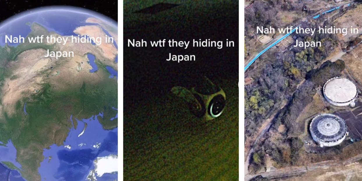 Three screenshots showing the Google Earth home page, the robot with wings and the abandoned building in Japan.