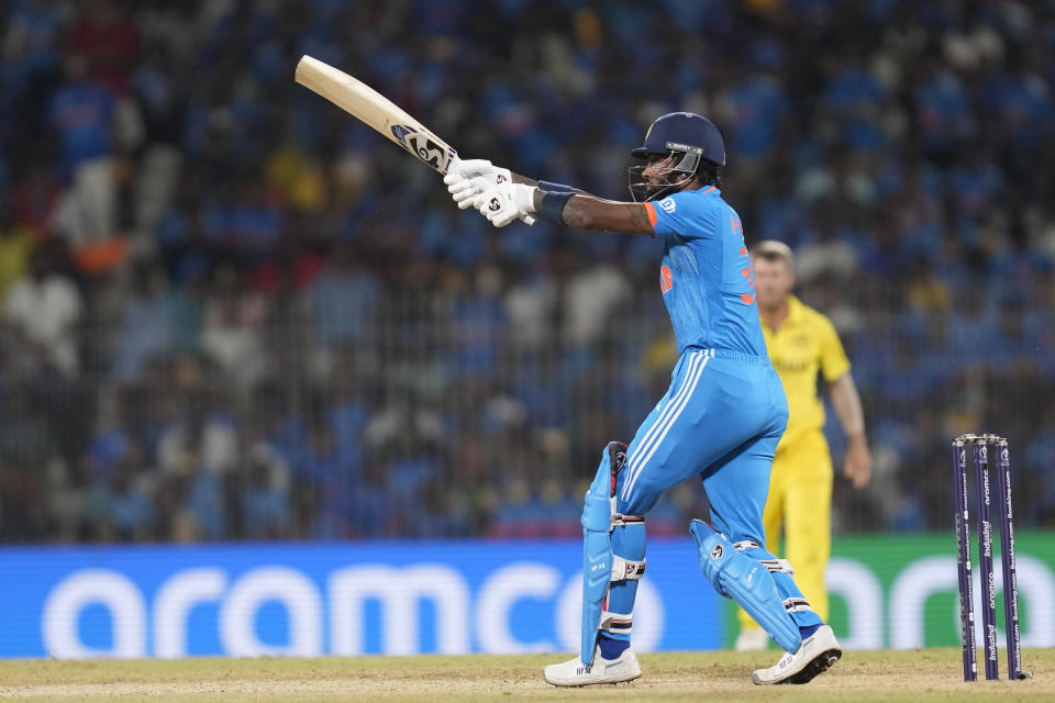 India's Hardik Pandya plays a shot during ICC Cricket World Cup match between India and Australia in Chennai, India, Sunday, Oct. 8, 2023. (AP Photo/Rafiq Maqbool)