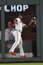 Atlanta Braves right fielder Jorge Soler catches a fly ball off the bat Colorado Rockies' Trevor Story during the fourth inning of a baseball game Wednesday, Sept. 15, 2021, in Atlanta. (AP Photo/John Bazemore)