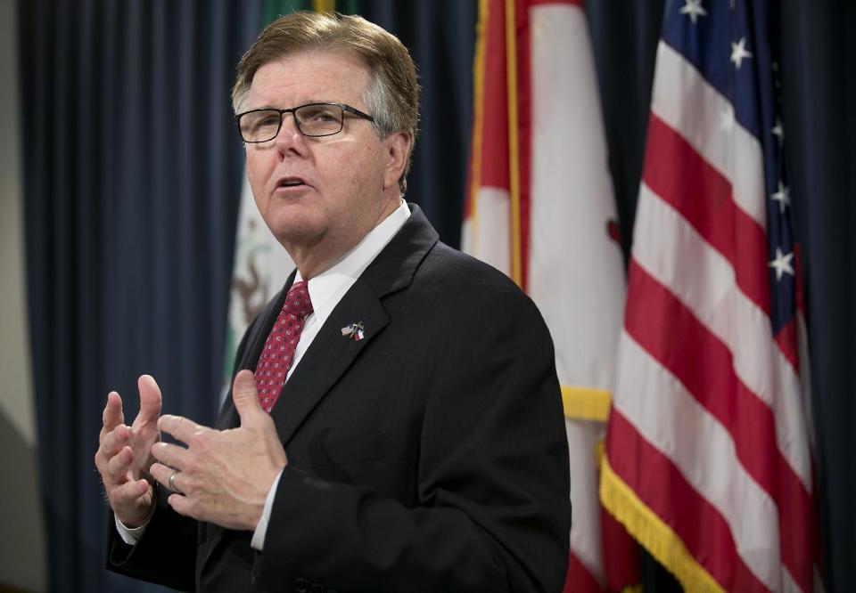 FILE - In this May 31, 2016 file photo, Lt. Gov. Dan Patrick speaks during a news conference in Austin, Texas. Patrick, a key player in setting the legislative agenda, wants Texas to ban transgender people from using public bathrooms of their choice. (Laura Skelding/Austin American-Statesman via AP, File)