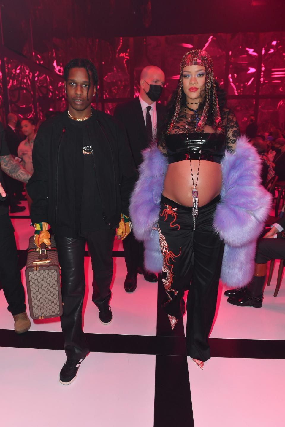 Asap Rocky and Rihanna attend the Gucci show during Milan Fashion Week on February 25, 2022.