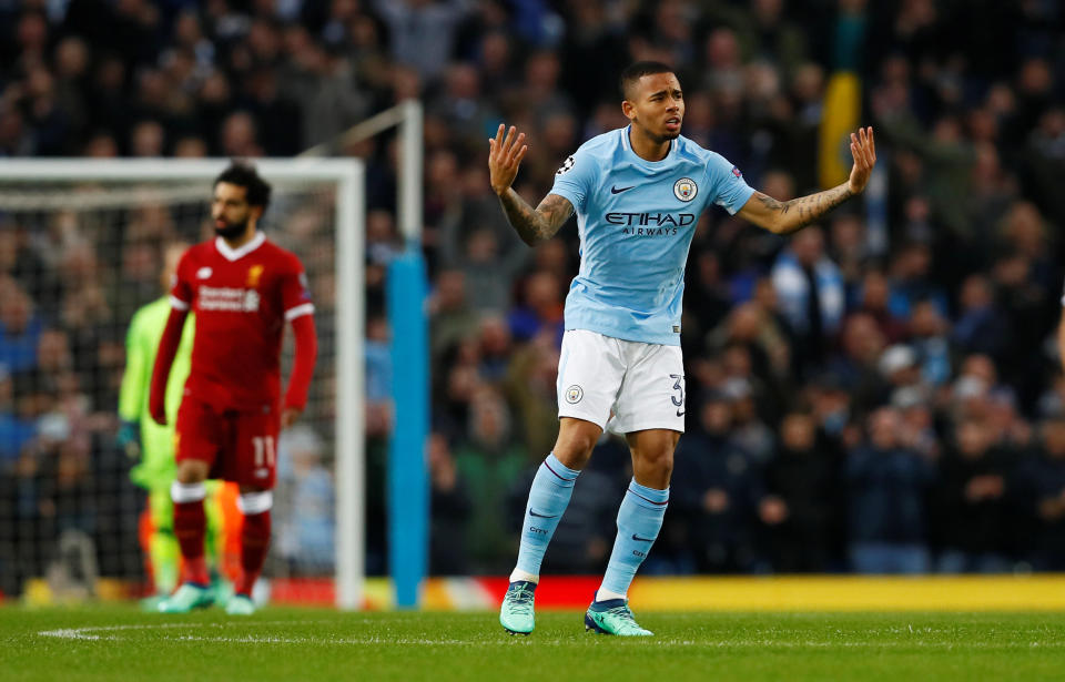 <p>Soccer Football – Champions League Quarter Final Second Leg – Manchester City vs Liverpool – Etihad Stadium, Manchester, Britain – April 10, 2018 Manchester City’s Gabriel Jesus celebrates scoring their first goal Action Images via Reuters/Jason Cairnduff </p>