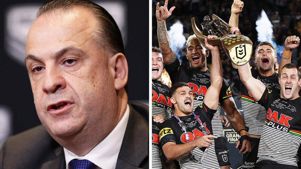 Peter V'landys is pictured left, with the Penrith Panthers celebrating their 2022 NRL grand final win on the right.