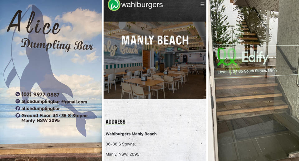 Three businesses displaying South Steyne in their address Alice Dumpling Bar (left) Wahlburgers (centre) and Edify (right).
