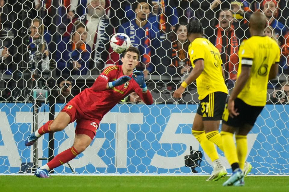 Dec 2, 2023; Cincinnati, Ohio, USA; Columbus Crew goalkeeper Patrick Schulte (28) makes a save during the first half of the MLS Cup Eastern Conference Finals against the FC Cincinnati at TQL Stadium.