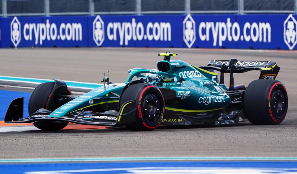 Aston Martin driver Sebastian Vettel of Germany races through the circuit during the first practice session for the Miami Grand Prix on Friday.