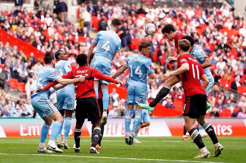 Manchester United's Harry Maguire scores his side's second goal of the game during the Emirates FA Cup semi-final match at Wembley Stadium