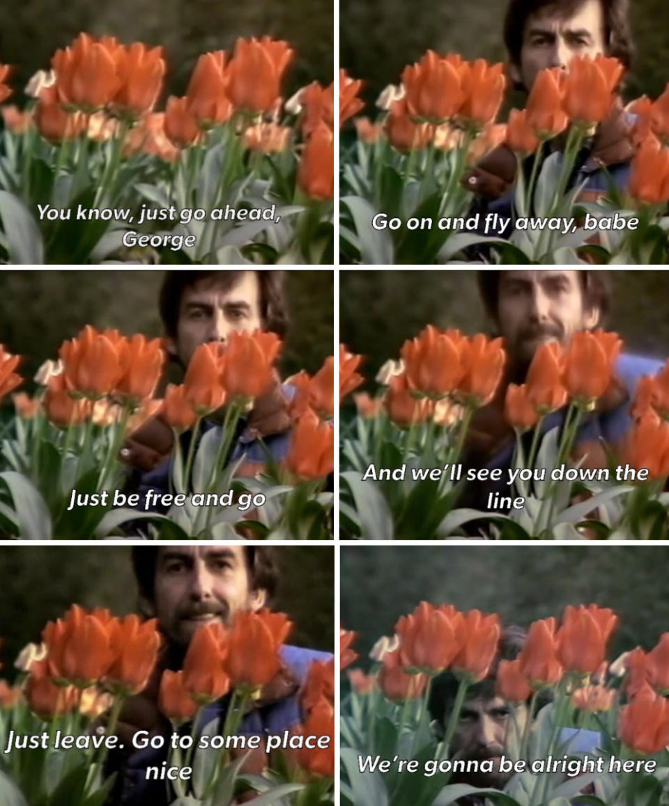 A filmmaker directing George in a field of flowers, saying: "You know, just go ahead, George. Go on and fly away, babe -- just be free and go, and we'll see you down the line"