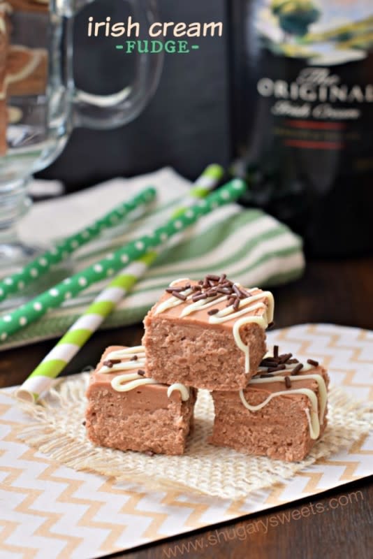 <p>ShugarySweets.com</p><p>This creamy fudge is a top-notch Baileys Irish Cream dessert, and simplicity at its finest. </p><p><strong>Get the recipe here: <a href="http://www.shugarysweets.com/2015/03/irish-cream-fudge" rel="nofollow noopener" target="_blank" data-ylk="slk:Irish Cream Fudge;elm:context_link;itc:0;sec:content-canvas" class="link ">Irish Cream Fudge</a></strong></p>