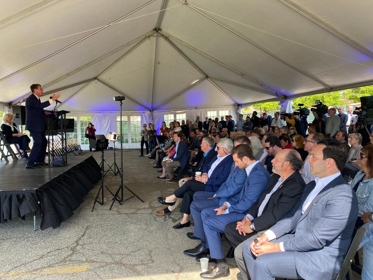 Northville Mayor Brian Turnbull speaks to the crowd during The Downs groundbreaking May 13, 2024.