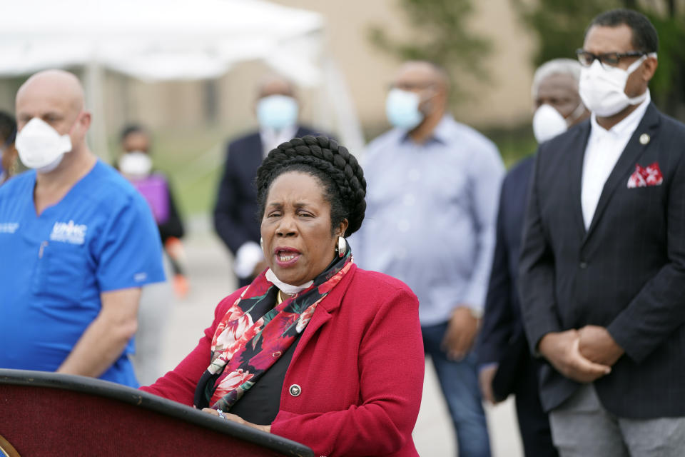 FILE - Rep. Sheila Jackson Lee, D-Texas, speaks during a news conference, April 2, 2020, in Houston. U.S. Rep. Jackson Lee, who is running to be Houston’s next mayor, is expressing regret and saying “everyone deserves to be treated with dignity” following the release of an unverified audio recording purported to be of the longtime Democratic lawmaker allegedly berating staff members with a barrage of expletives. The recording was released days before the start of early voting Monday, Oct. 23, 2023 in the Nov. 7 election. (AP Photo/David J. Phillip, file)