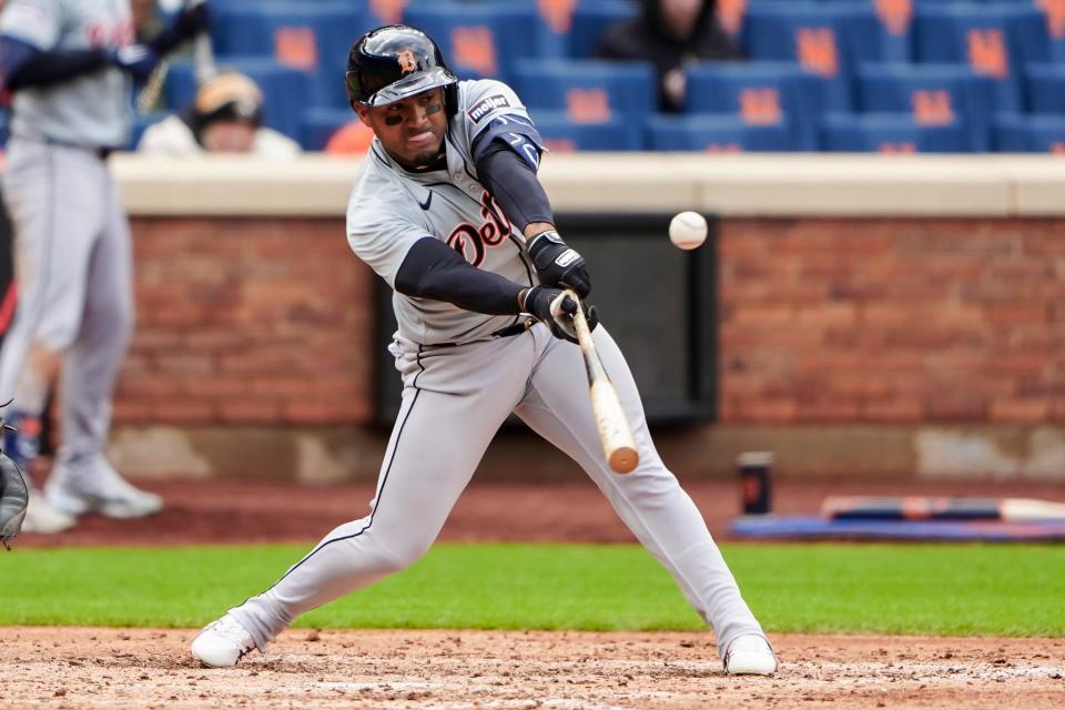 Detroit Tigers third baseman Andy Ibanez hits a sacrifice fly ball against the New York Mets during the sixth inning at Citi Field in New York on Thursday, April 4, 2024.