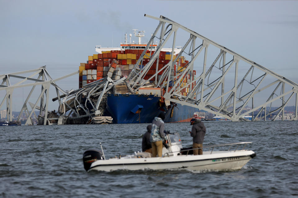 A view of the Dali cargo vessel which crashed into the Francis Scott Key Bridge, causing it to collapse, in Baltimore, Maryland, March 26, 2024. / Credit: Julia Nikhinson / REUTERS