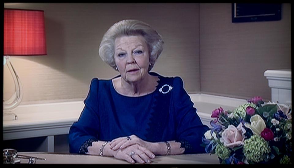 Image taken of a TV screen showing Dutch Queen Beatrix announcing she will abdicate April 30, 2014, during a speech prerecorded in The Hague, Netherlands, Monday Jan. 28, 2013. Beatrix, who turns 75 on Thursday, has ruled the nation of 16 million for more than 32 years and would be succeeded by her eldest son, Crown Prince Willem-Alexander. (AP Photo/NOS Television/Peter Dejong)