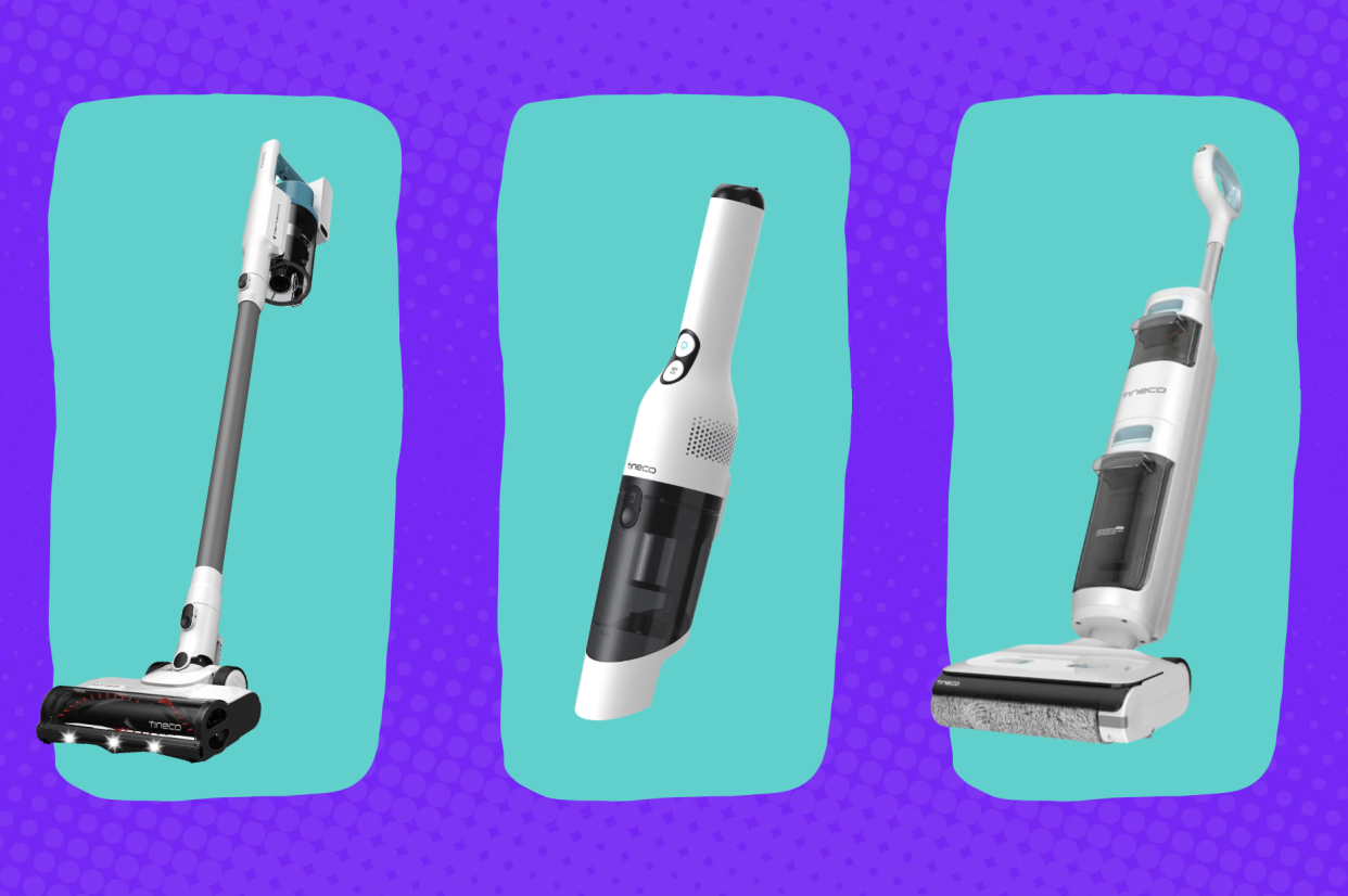 Three Tineco Go Series vacuums and floor cleaners are shown in a row