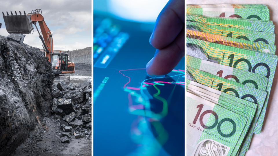 Operations at a coal mine. A person checking investments on a tablet. $100 notes fanned out.