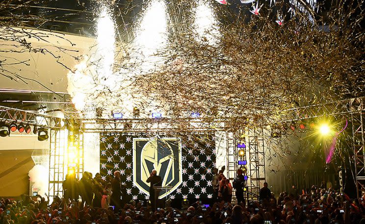 LAS VEGAS, NV - NOVEMBER 22: Pyrotechnics and streamers are fired into the air as the Vegas Golden Knights is announced as the name for the Las Vegas NHL franchise at T-Mobile Arena on November 22, 2016 in Las Vegas, Nevada. The team will begin play in the 2017-18 season. (Photo by Ethan Miller/Getty Images)