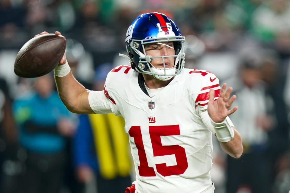 New York Giants quarterback Tommy DeVito against the Philadelphia Eagles during the first half of an NFL football game Monday, Dec. 25, 2023, in Philadelphia. (AP Photo/Chris Szagola)