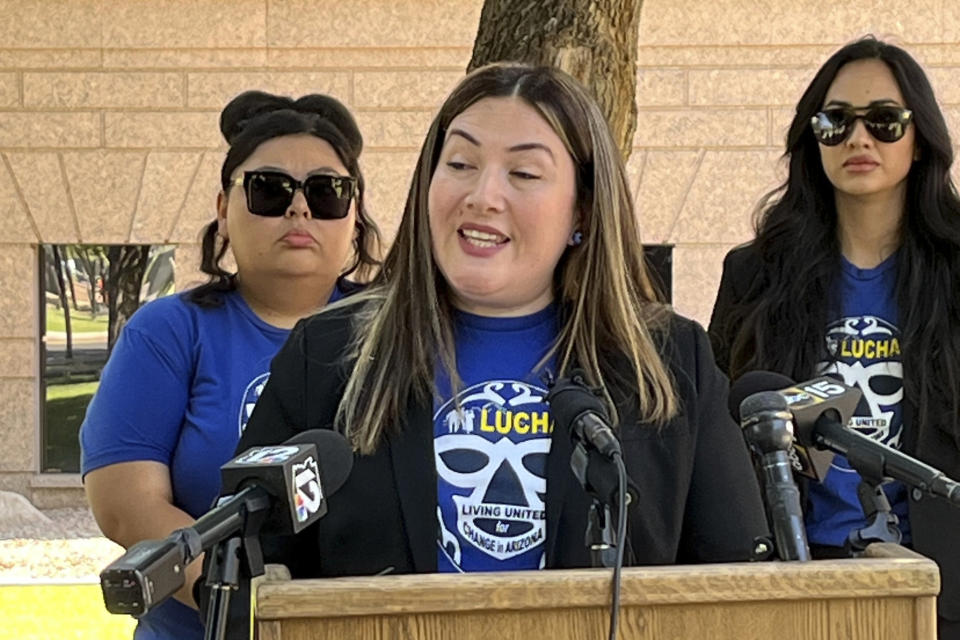 Jacques Alejandra Gomez, executive director of Latino advocacy group Living United for Change in Arizona, speaks at a news conference outside the Arizona Supreme Court, Wednesday, June 5, 2024, in Phoenix. The news conference was focused on the group's lawsuit that asks a court to prevent a border proposal from appearing on Arizona's ballot in November because it contains an alleged constitutional defect. (AP Photo/Jacques Billeaud)