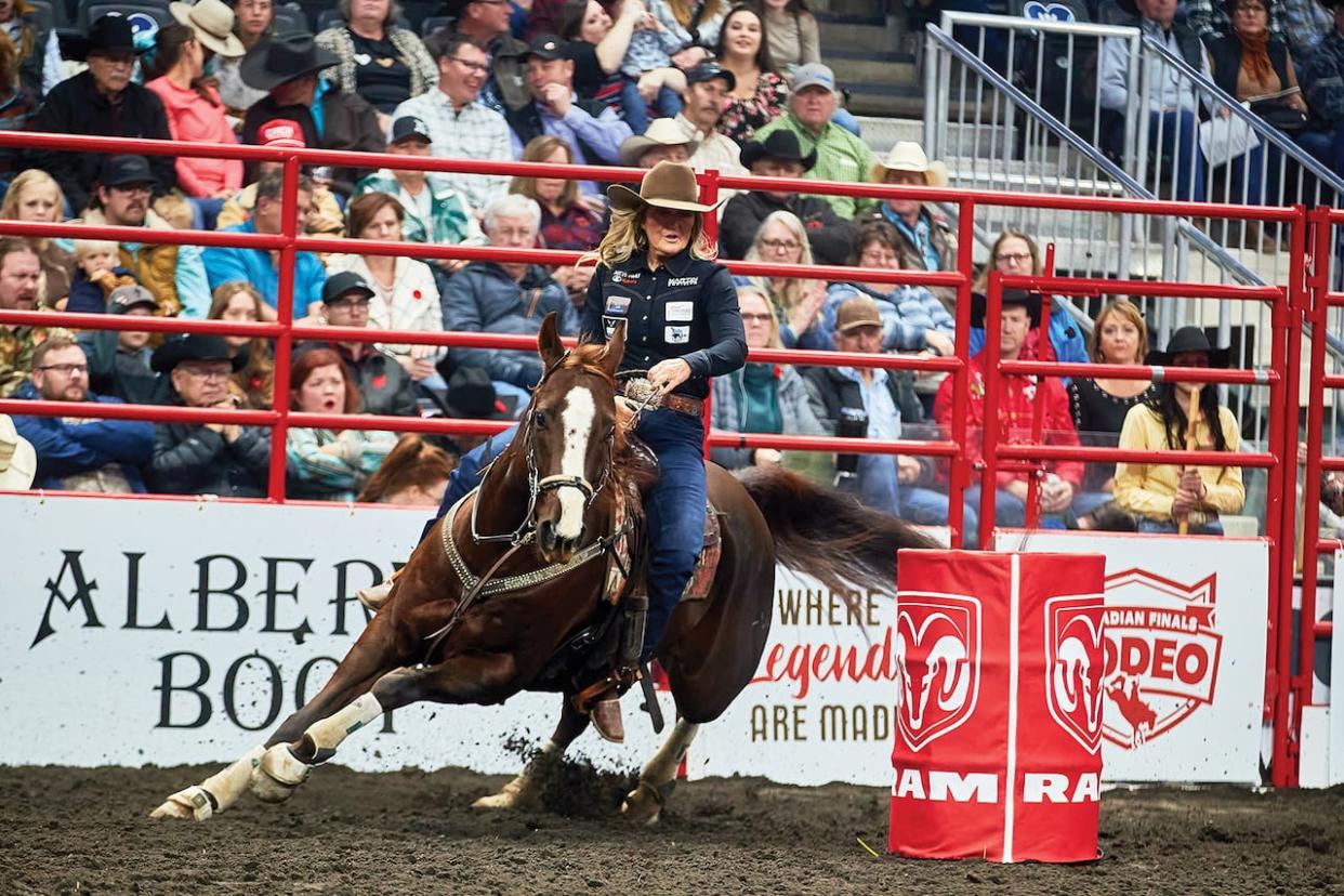 Lynette Brodoway, of Brooks, Alta., competes at the 2023 Canadian Finals Rodeo, where she won the title of Ladies Barrel Racing Champion.  (Submitted by the Canadian Professional Rodeo Association - image credit)