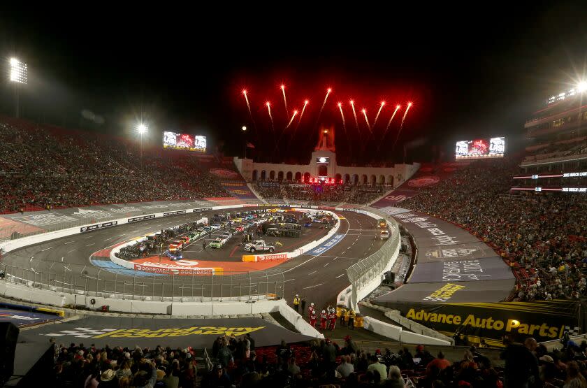 LOS ANGELES, CALIF. - FEB. 5, 2023. Fireworks light up the night sky during an intermission.