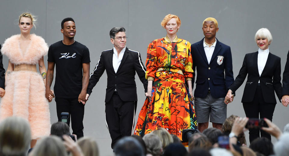 (From left) Cara Delevingne, Lil Buck, Robert Carsen, Tilda Swinton, Pharell Williams and Helen Mirren at the Karl Lagerfeld Homage at Grand Palais on June 20, 2019 in Paris, France. [Photo: Getty]