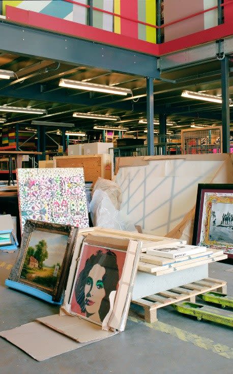 Among the pieces in the Nottingham archive are (clockwise from top) A Sanctuary (2003) by Phil Frost, Kids and Croc, Lake Rudolf (variant) (1968/2006) by Peter Beard, Liz Taylor (1967) by Andy Warhol, CongestionCharge (2004) by Banksy, and Scottish Landscape (2007) by Craigie Aitchison - Bill Murphy