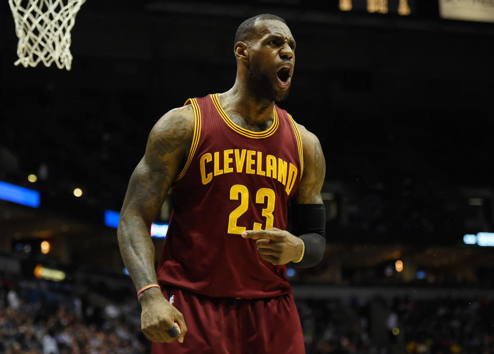 Mar 22, 2015; Milwaukee, WI, USA; Cleveland Cavaliers forward LeBron James (23) reacts in the third quarter during the game against the Milwaukee Bucks at BMO Harris Bradley Center. James scored 28 points to help the Cavaliers beat the Bucks 108-90. (Benny Sieu-USA TODAY Sports)