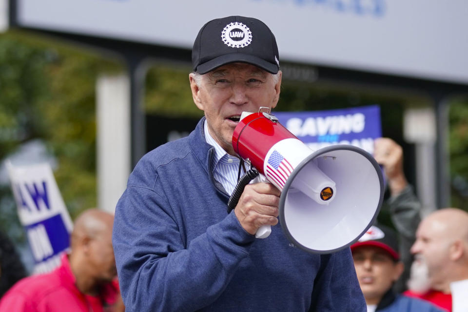 FILE - President Joe Biden joins striking United Auto Workers on the picket line, Sept. 26, 2023, in Van Buren Township, Mich. (AP Photo/Evan Vucci, File)