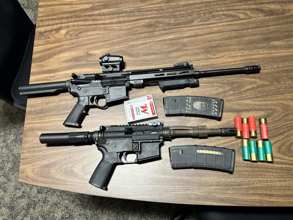 Monroe police reported finding these two AR-15-style rifles and ammunition in a vehicle that was involved in a crash and had been falsely reported stolen Thursday.