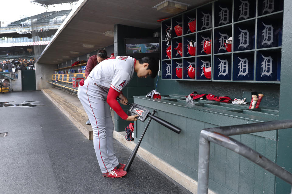 Los Angeles Angels' Shohei Ohtani prepares for the team's baseball game against the Detroit Tigers in Detroit, Tuesday, May 7, 2019. (AP Photo/Paul Sancya)