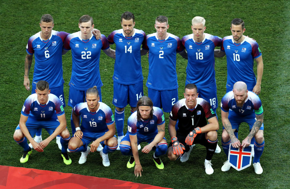 Iceland team pose prior to the 2018 FIFA World Cup Russia group D match between Nigeria and Iceland at Volgograd Arena on June 22, 2018 in Volgograd, Russia. (Getty Images)