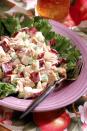<p>To make a chicken salad, toss 4 ounces shredded skinless roast chicken breast with 1/4 cup sliced red grapes, 1 tablespoon slivered almonds or nuts of choice, 1/4 cup chopped celery, 1 tablespoon mayonnaise and 1 tablespoon plain, unsweetened Greek yogurt. Serve over lettuce. Eat with 1 large piece of multigrain toast.</p>