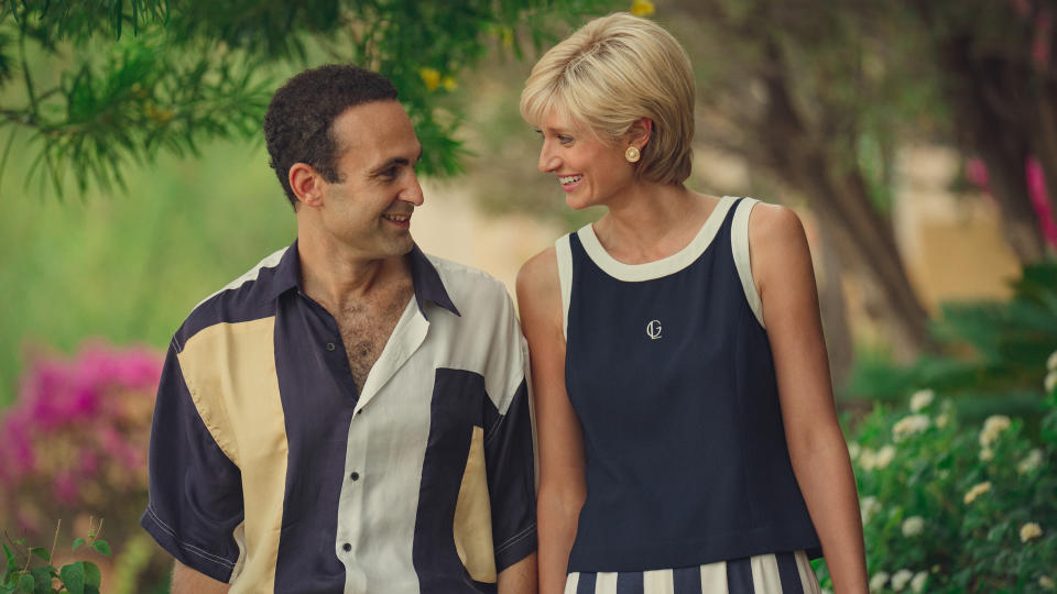 Dodi Fayed and Princess Diana smile as they look at each other in The Crown season 6