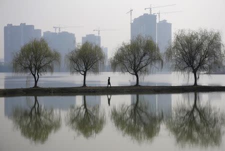 A woman walks past trees reflected on a lake in front of a construction site of a residential compound on a hazy day in Wuhan, Hubei province March 6, 2015. REUTERS/Stringer/Files