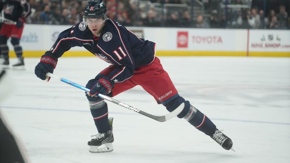 Nov 22, 2023; Columbus, Ohio, USA; Columbus Blue Jackets center Adam Fantilli (11) during the first period of the NHL hockey game at Nationwide Arena in Columbus on November 22, 2023.